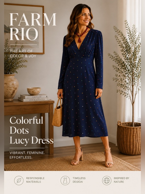 FARM Rio Dresses & Skirts - FARM Rio Colorful Dots Lucy Midi Dress M Navy Multicolor Polka Dot Long Sleeve
